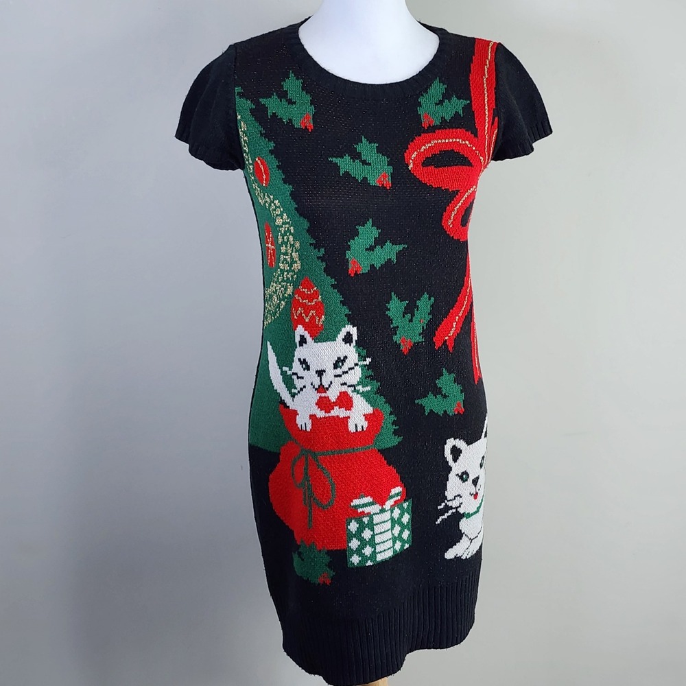 Cats Christmas Sweater Dress Womens Medium Black Cat Tree Bow Holiday Kitty Knit